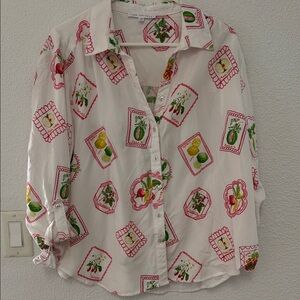 Jane + Delancey White Fruit-Print Button-Up Shirt size XL